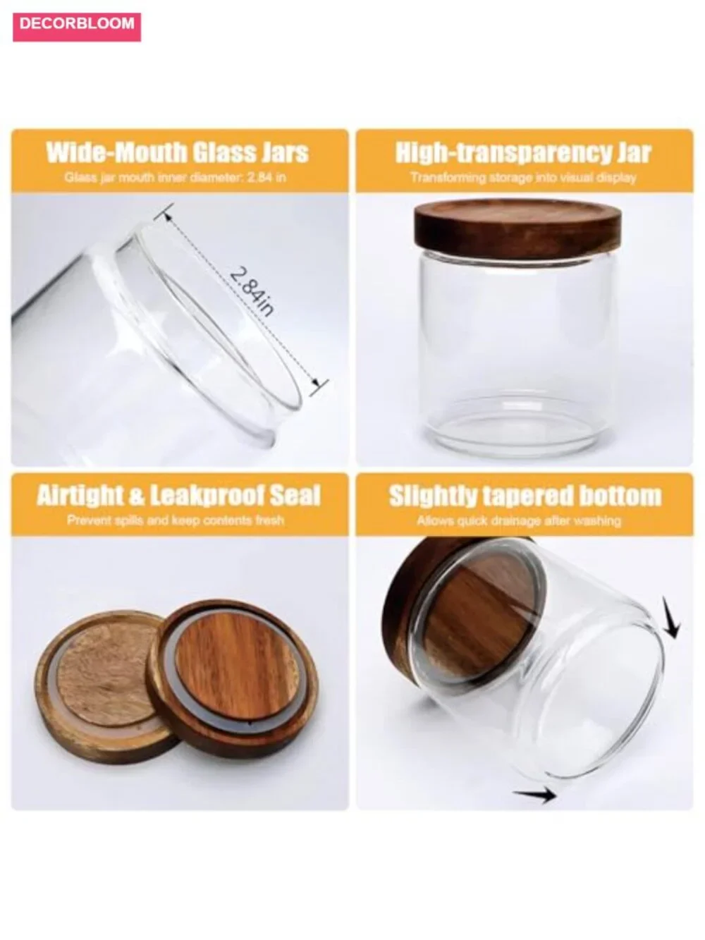 Set of 5 Glass Canisters with Wooden Lids for Kitchen Storage - Airtight
